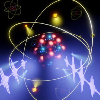 Graphic: Two intense attosecond pulse trains (white) interact with an atom, resulting in the emission of three electrons (yellow). During this process four photons (blue) are absorbed.