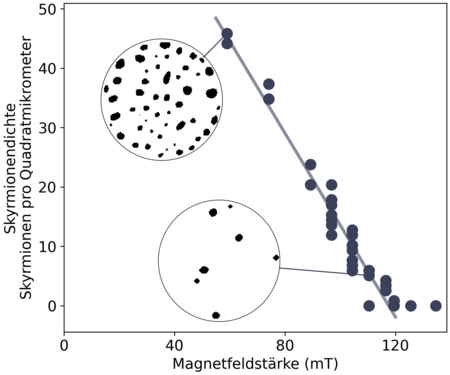 Die Dichte der Skyrmionen als Funktion des äußeren Magnetfeldes.